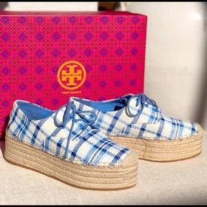 TORY BURCH Florence plaid platform espadrilles shoes size 9,5